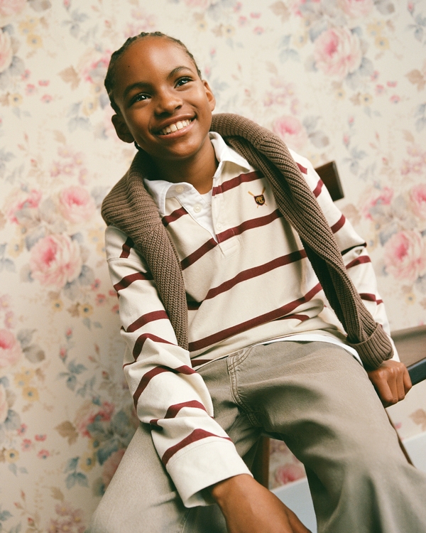 long-sleeve rugby polo, Warm Beige Stripe view 1