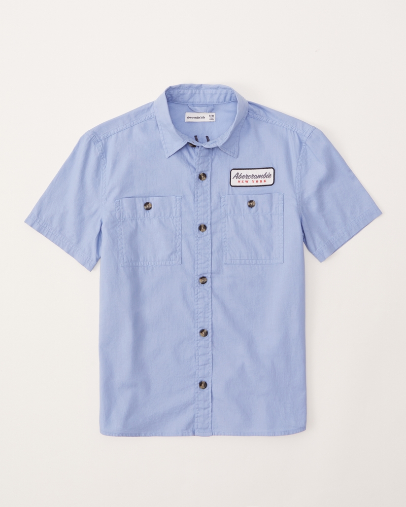 boys short-sleeve logo utility button-up shirt | boys clearance