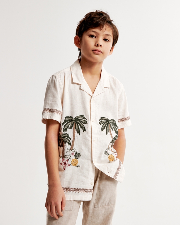 resort short-sleeve linen-blend shirt, Cream Pattern
