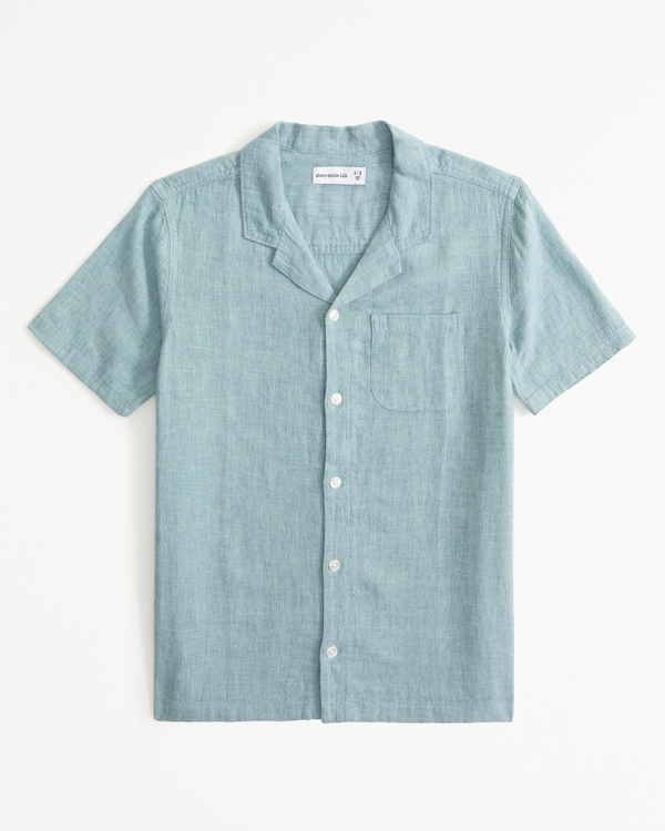resort short-sleeve linen-blend shirt, Teal