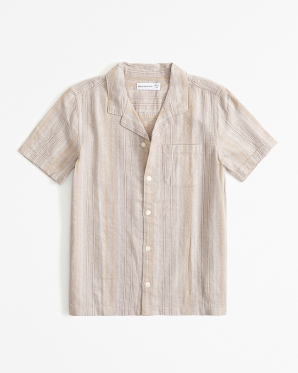 resort short-sleeve linen-blend shirt, Light Brown Pattern