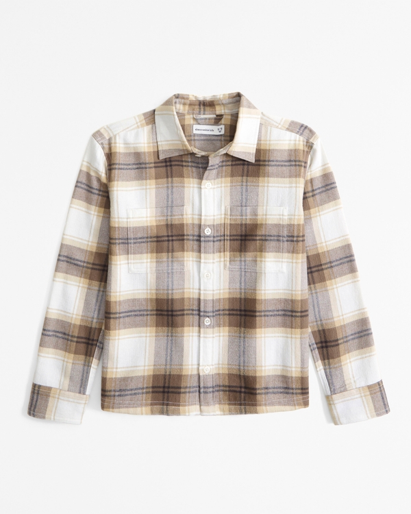 flannel button-up shirt, Light Brown Plaid view 1