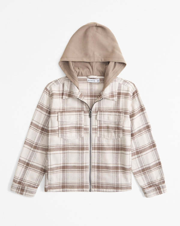 hooded flannel overshirt, Light Brown Plaid