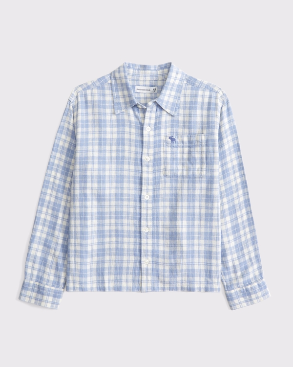 long-sleeve linen-blend icon shirt, Blue Plaid view 1