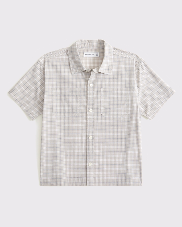 short-sleeve boxy workwear shirt, Brown Plaid view 1