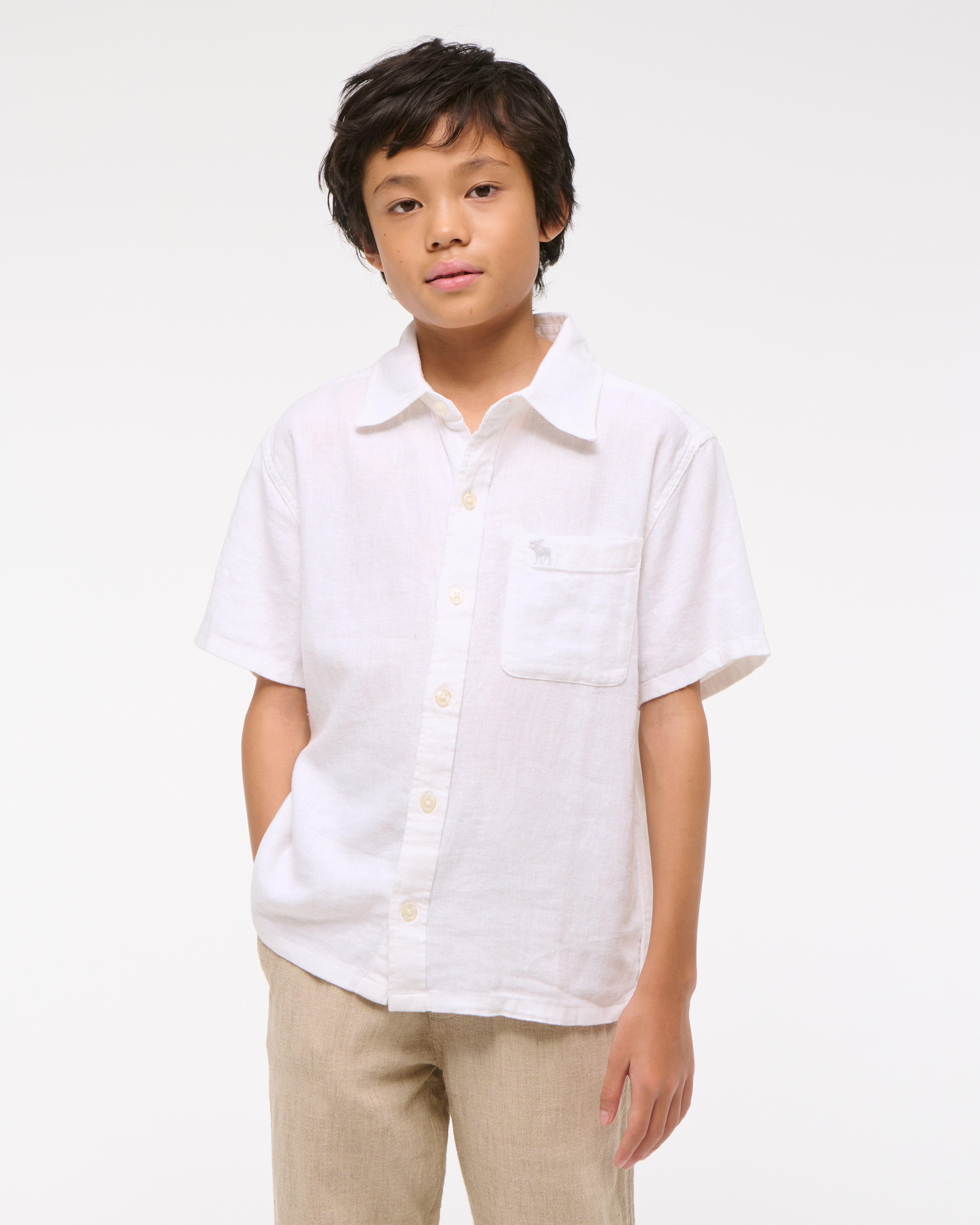 Abercrombie & Fitch Kids' Short-sleeve Linen-blend Icon Shirt In White