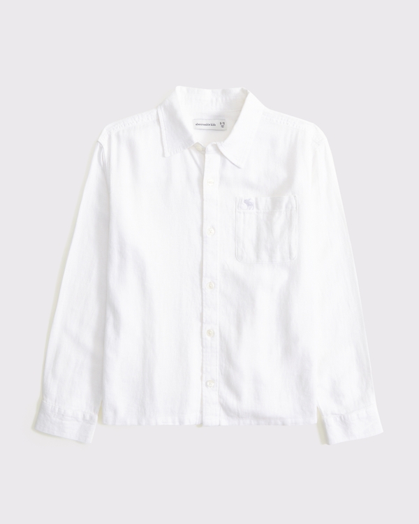 long-sleeve linen-blend icon shirt, White view 1