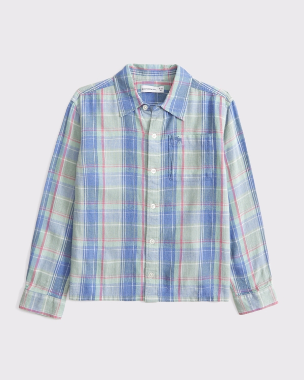 long-sleeve linen-blend icon shirt, Blue Plaid view 1