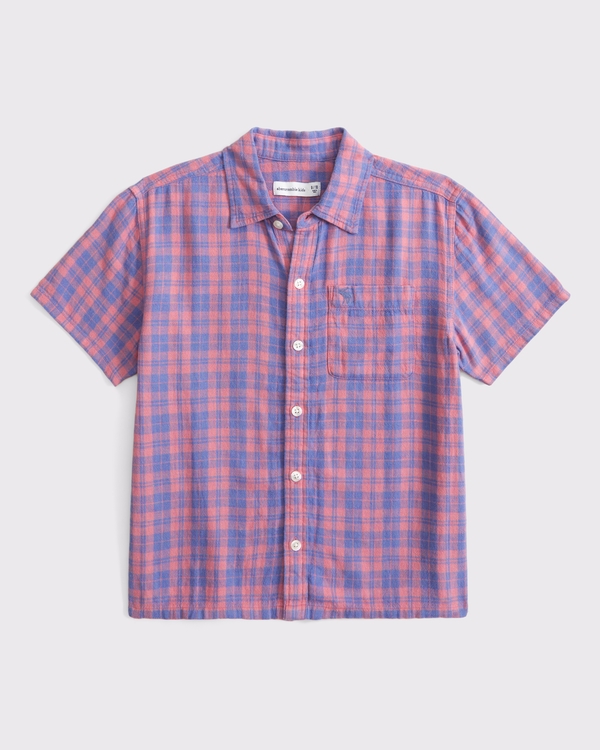 short-sleeve linen-blend icon shirt, Red Plaid view 1