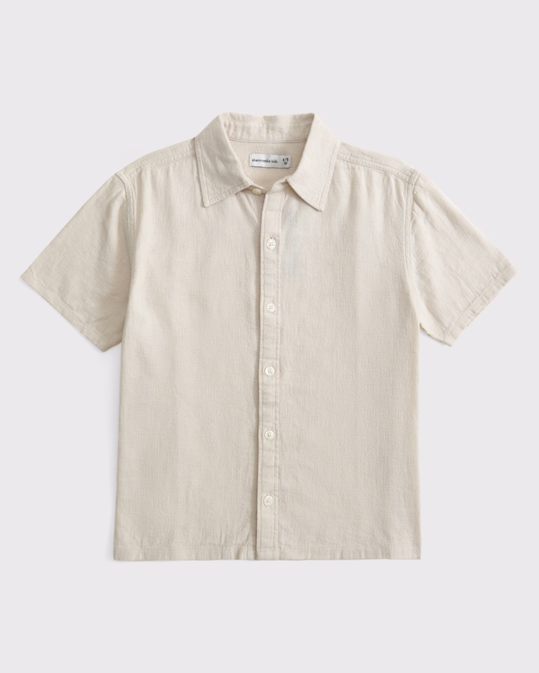 textural short-sleeve linen-blend shirt, Beige Pattern view 1