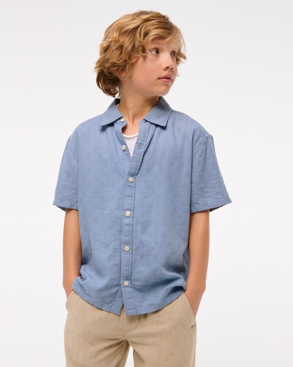 textural short-sleeve linen-blend shirt, Cool Blue view 1