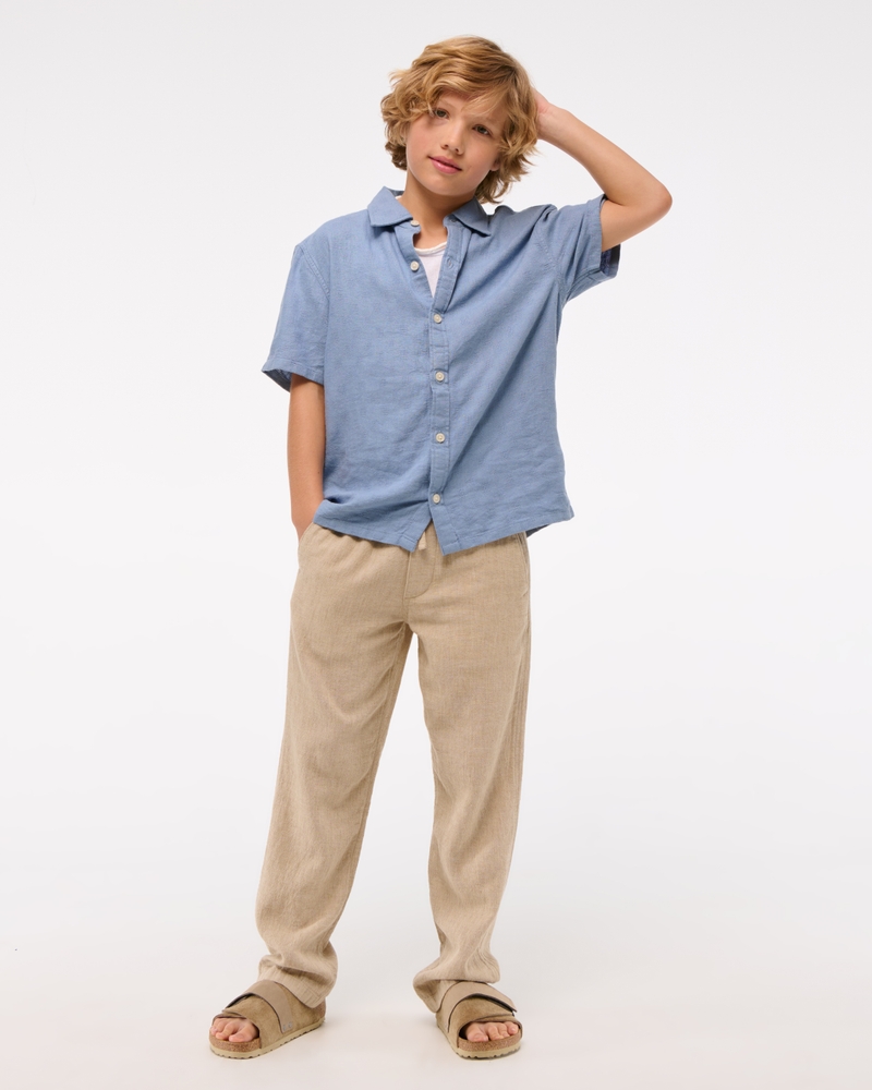 textural short-sleeve linen-blend shirt
