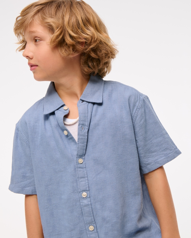 textural short-sleeve linen-blend shirt
