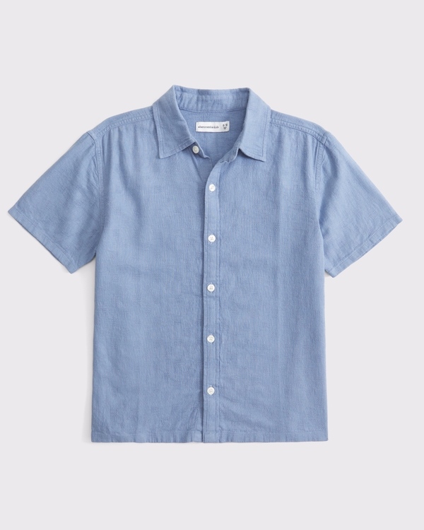 textural short-sleeve linen-blend shirt, Cool Blue view 2