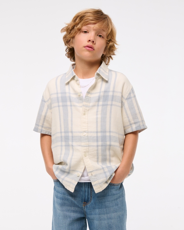 short-sleeve linen-blend shirt, Cream Plaid view 1