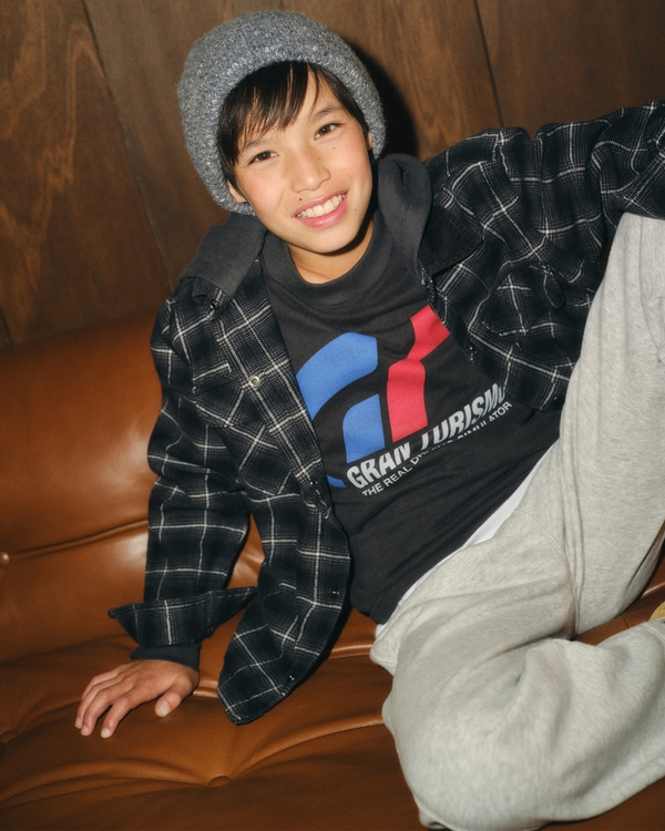 hooded shirt jacket, Dark Gray Plaid view 1