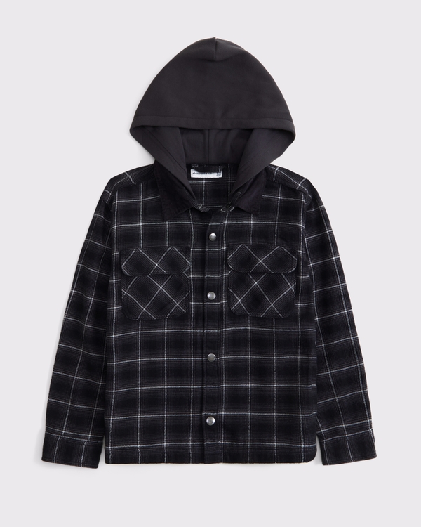 hooded shirt jacket, Dark Gray Plaid view 1
