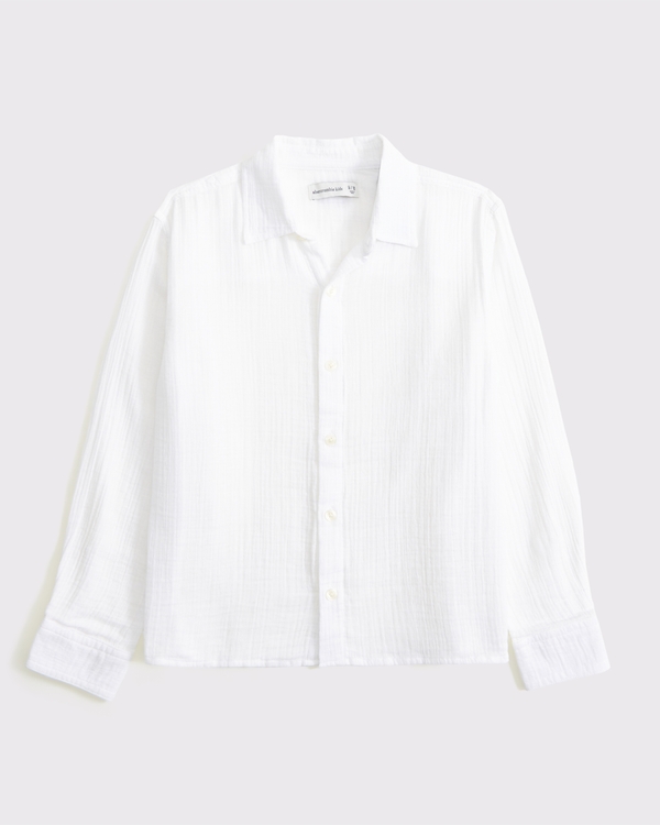 long-sleeve gauzy button-up shirt, White view 1
