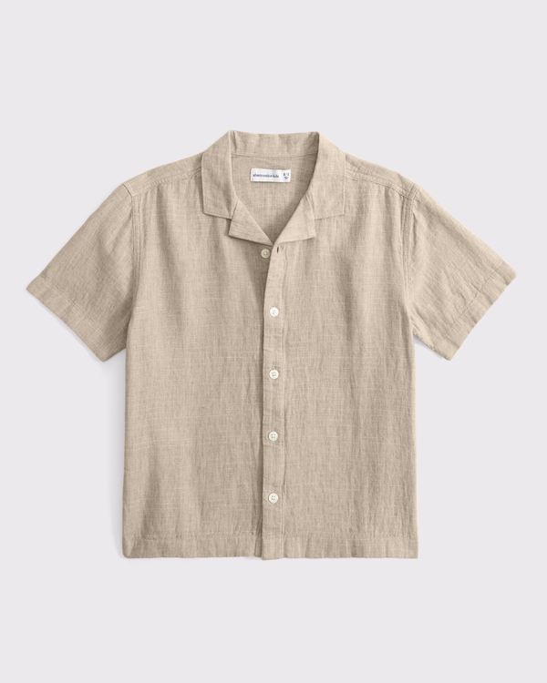 resort linen-blend short-sleeve shirt, Light Khaki view 1