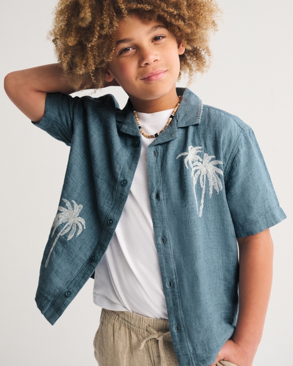 resort linen-blend short-sleeve shirt, Blue view 1