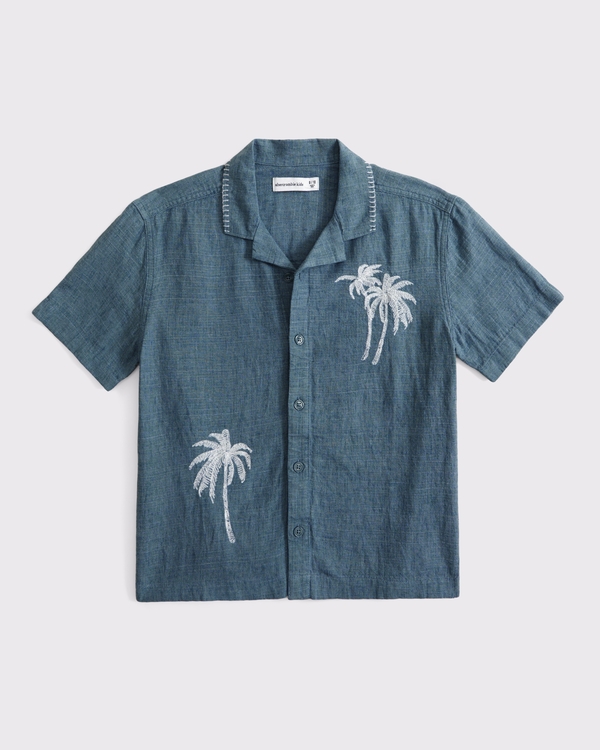 resort linen-blend short-sleeve shirt, Blue view 2