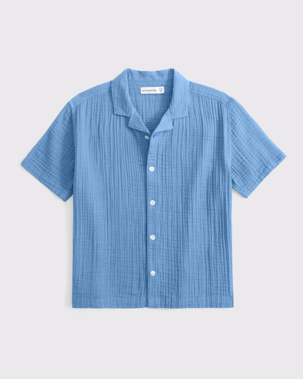 camisa de manga corta con cuello cubano estilo resort, Azul view 2