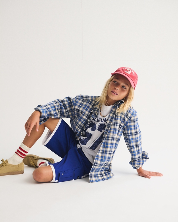 oversized long-sleeve button-up shirt, Blue Plaid view 1