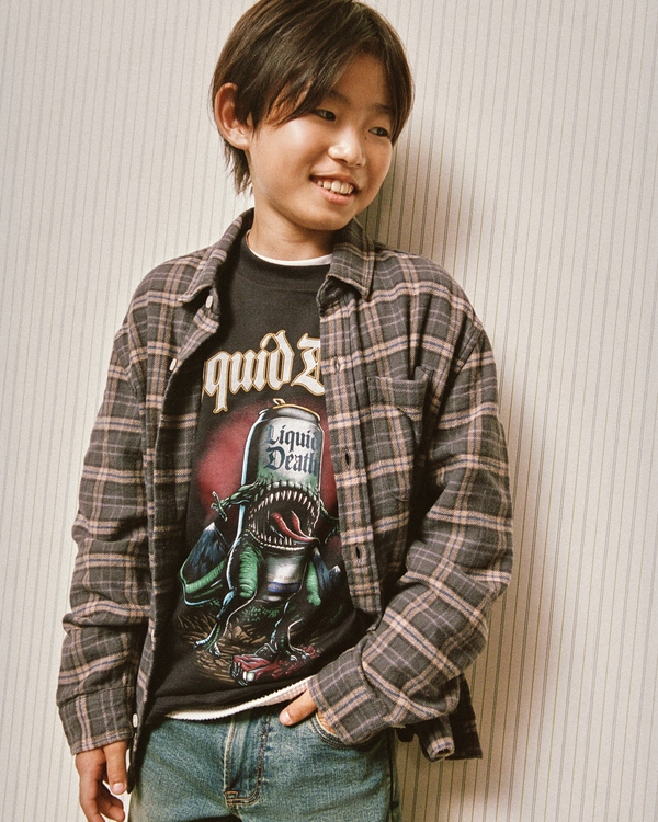 long-sleeve flannel shirt, Black Plaid view 1
