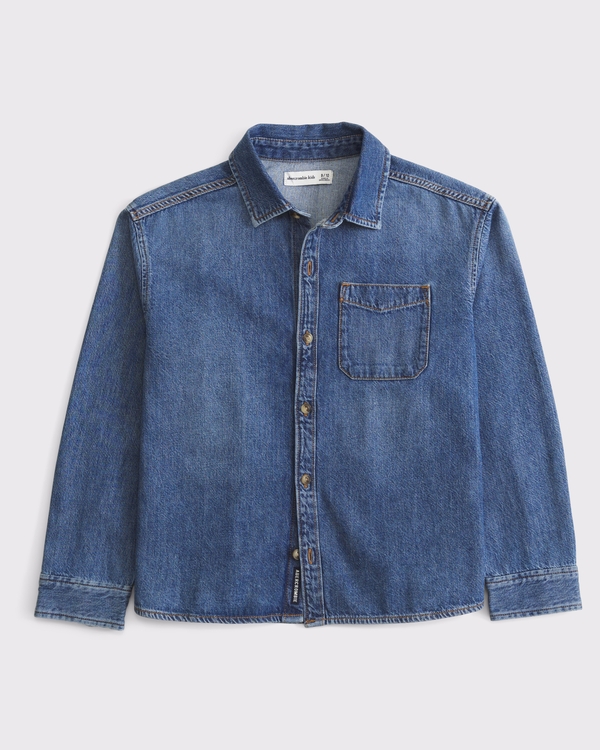 long-sleeve denim button-up shirt, Medium Wash view 2