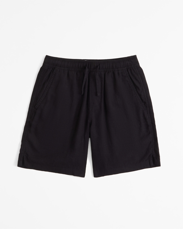 linen-blend pull-on shorts, Black