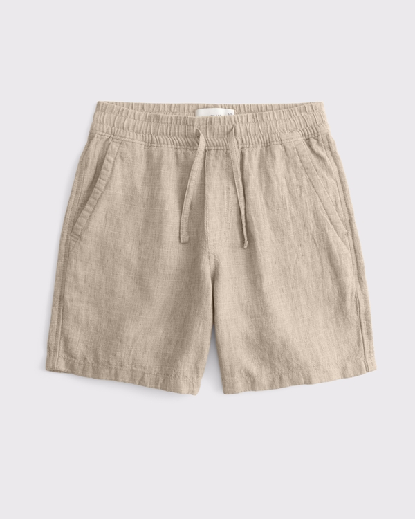 linen-blend pull-on shorts, Light Khaki view 1