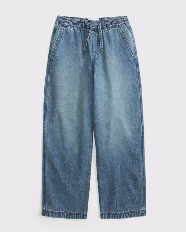 pull-on twill baggy pants, Medium Wash view 1
