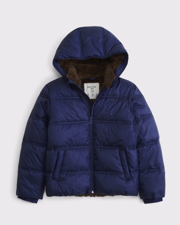 a&f ultra hooded faux fur-lined puffer jacket