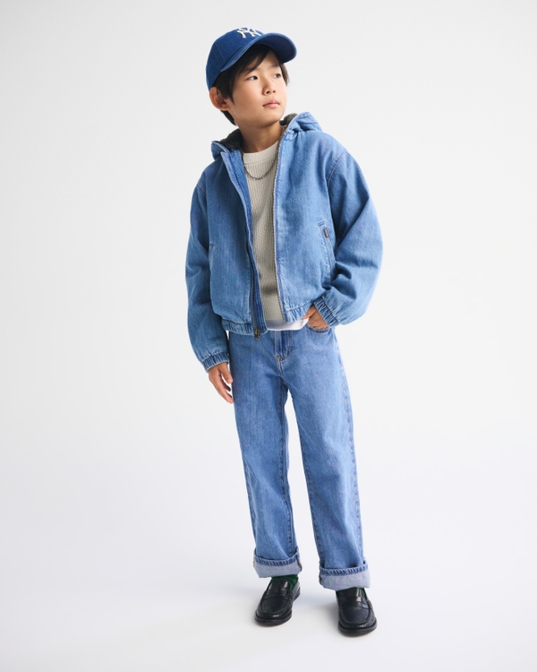 faux fur-lined denim hooded bomber jacket