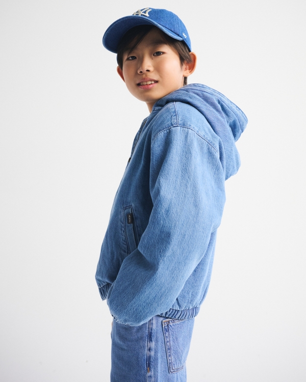 faux fur-lined denim hooded bomber jacket