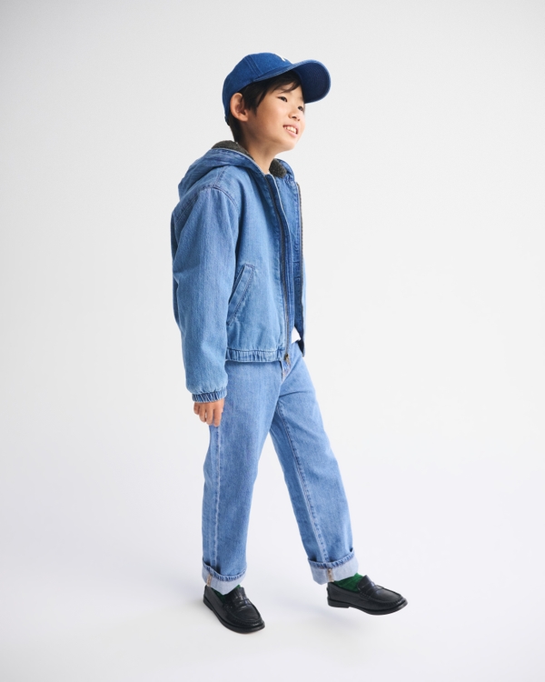 faux fur-lined denim hooded bomber jacket