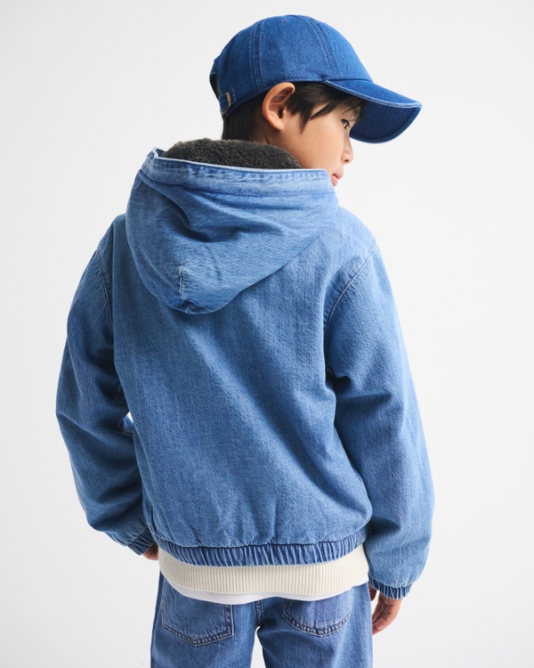faux fur-lined denim hooded bomber jacket