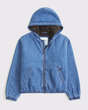 faux fur-lined denim hooded bomber jacket