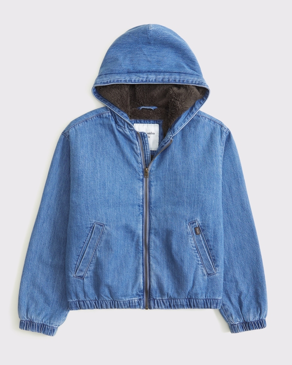 faux fur-lined denim hooded bomber jacket, Denim view 2