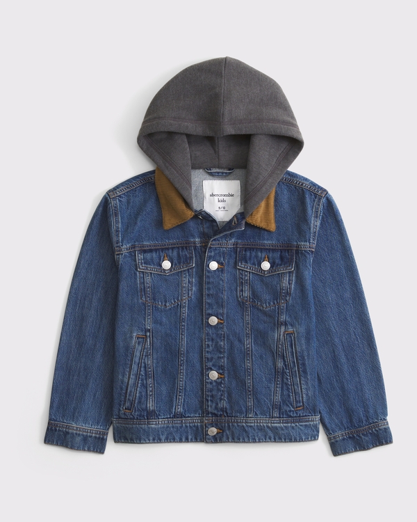 hooded corduroy collar denim jacket, Medium Wash view 1