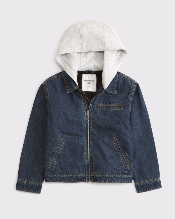 hooded denim jacket, Dark Wash view 1