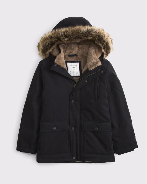 hooded faux fur-trim parka, Black view 1