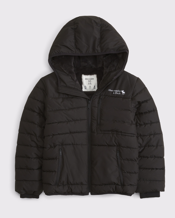 hooded faux fur-lined puffer jacket, Black view 1