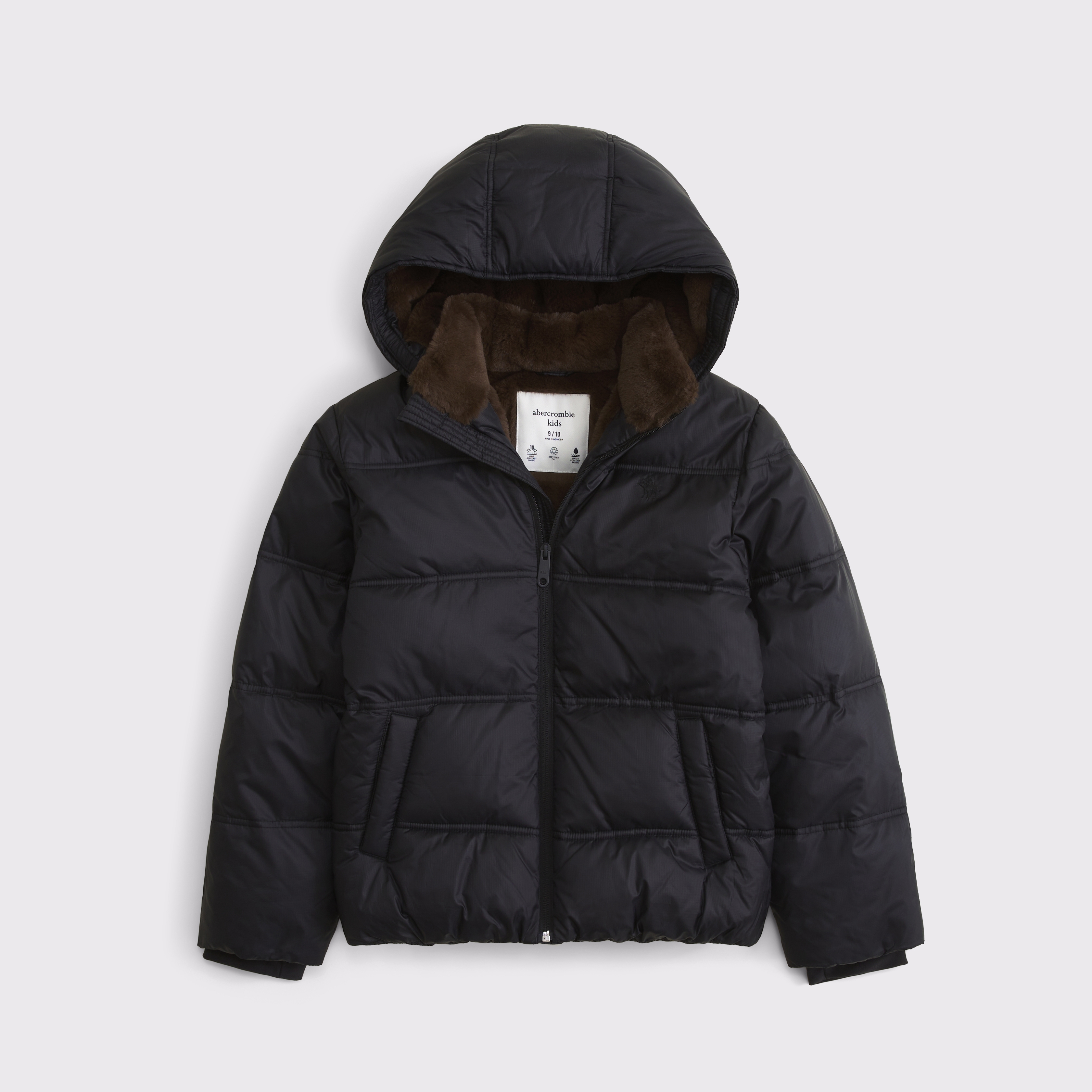 Детская куртка Abercrombie & Fitch a&f ultra hooded faux fur-lined puffer, цвет: Чёрный — фото 1