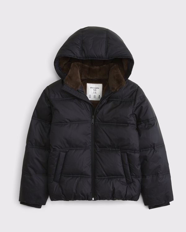 a&f ultra hooded faux fur-lined puffer jacket