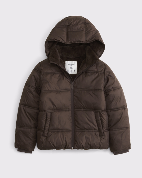 a&f ultra hooded faux fur-lined puffer jacket, Dark Brown view 1