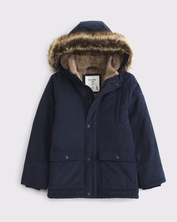 hooded faux fur-trim parka, Deep Blue view 1