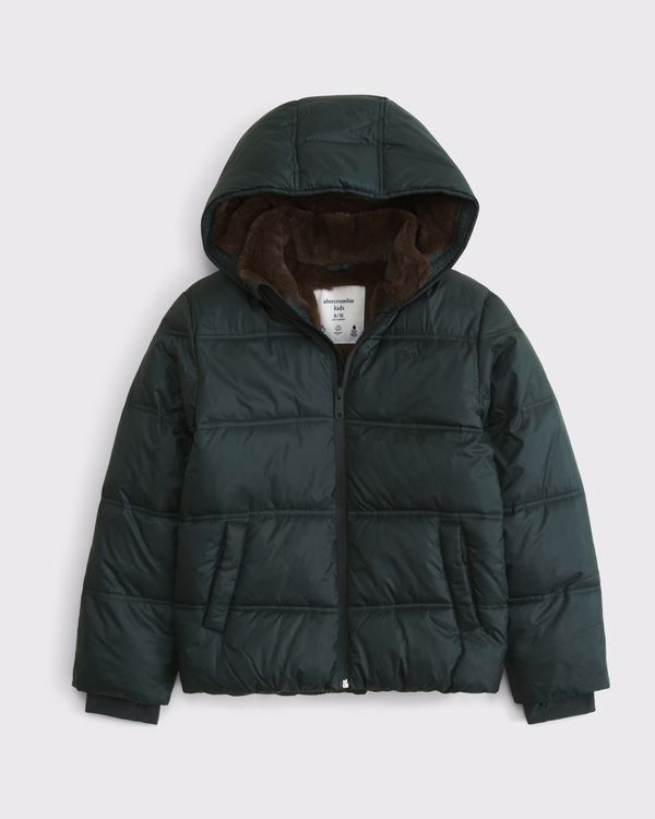 a&f ultra hooded faux fur-lined puffer jacket