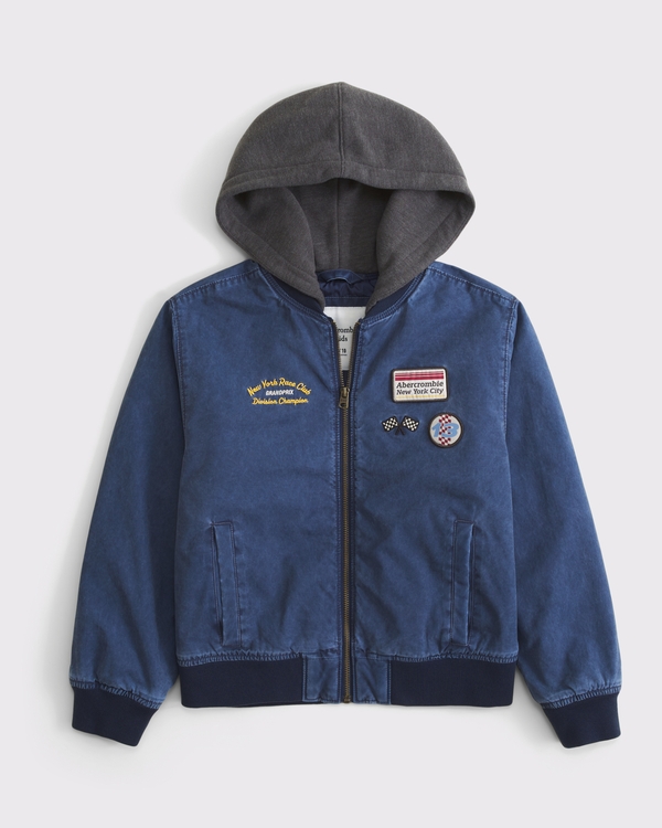 hooded patch bomber jacket, Dark Blue view 1
