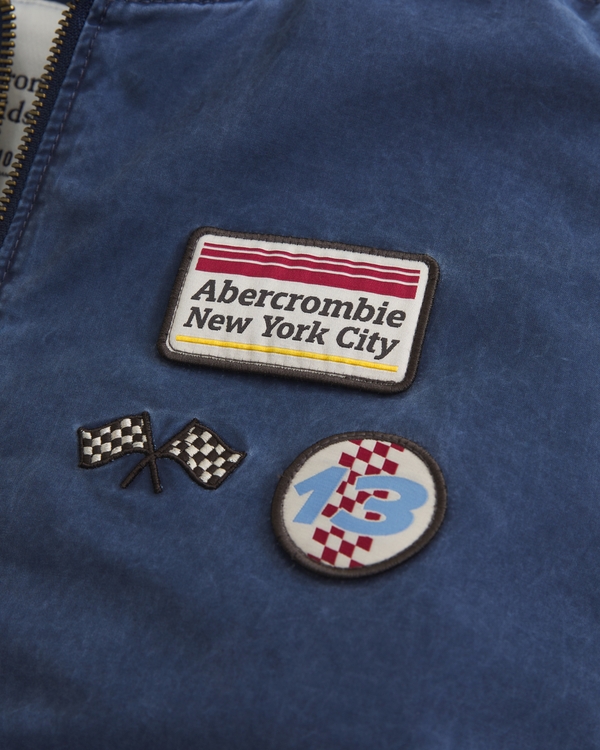 hooded patch bomber jacket, Dark Blue view 2